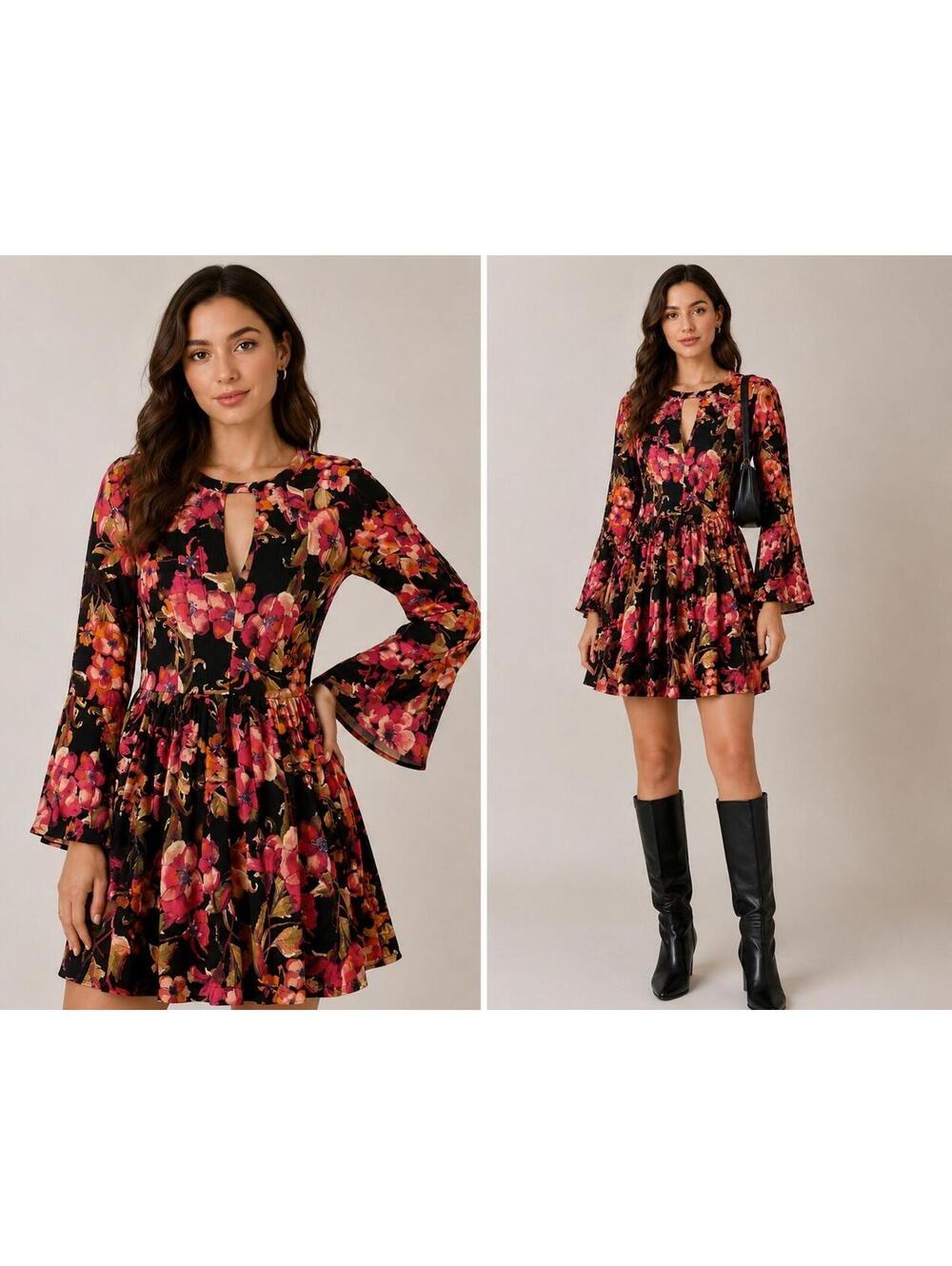 Free People Sz 4 Dress Floral V Neck Bell Sleeve BOHO